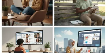 Studenten lernen online mit Laptops und Tablets in verschiedenen modernen Umgebungen