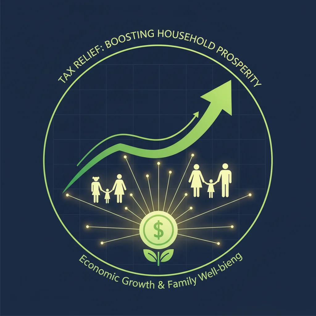 Grafik mit steigendem Pfeil auf Finanzchart und Familienfiguren, symbolisiert Haushaltsentlastung.