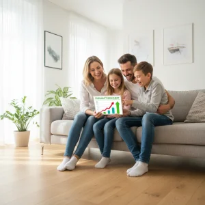 Glückliche deutsche Familie blickt auf Tablet mit Finanzdaten und lächelt, Symbol für Steuererleichterungen.