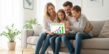 Glückliche deutsche Familie blickt auf Tablet mit Finanzdaten und lächelt, Symbol für Steuererleichterungen.