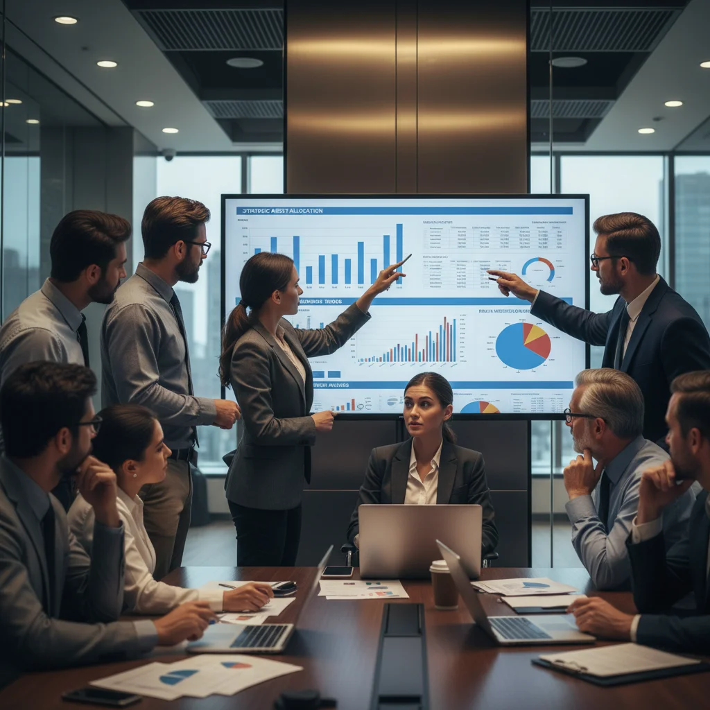 Investorengruppe analysiert Finanzberichte und Charts für strategische Anlageentscheidungen