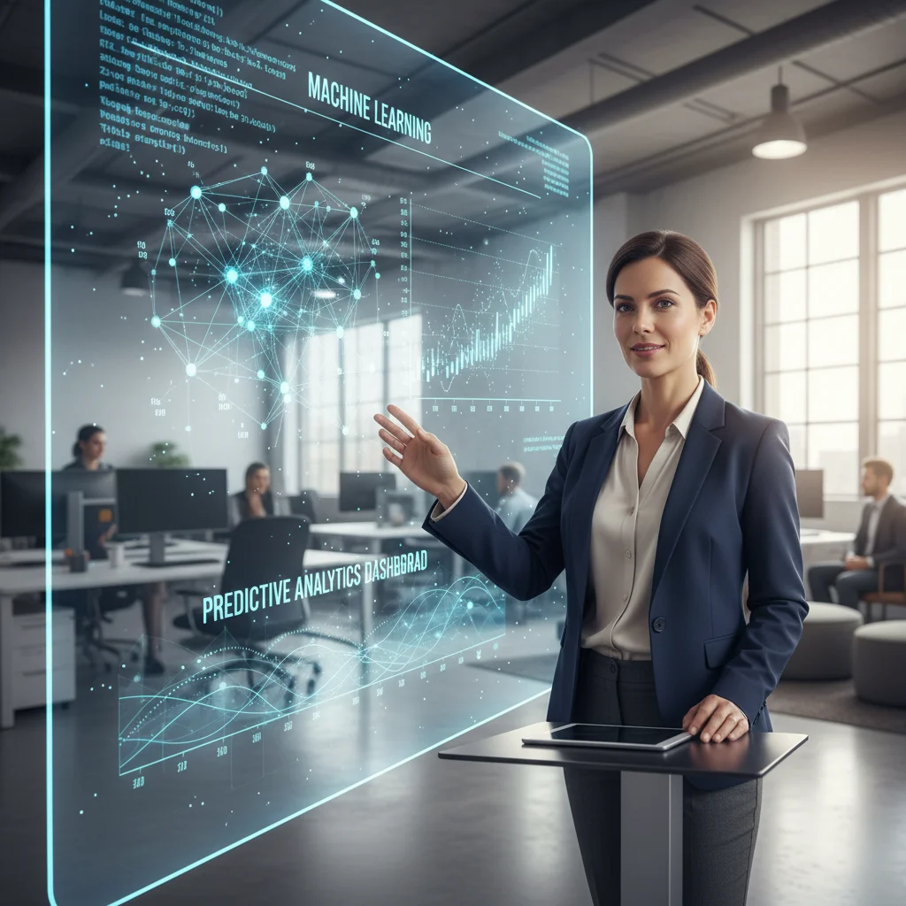 Professionelle Frau präsentiert Daten zur Künstlichen Intelligenz und Datenwissenschaft