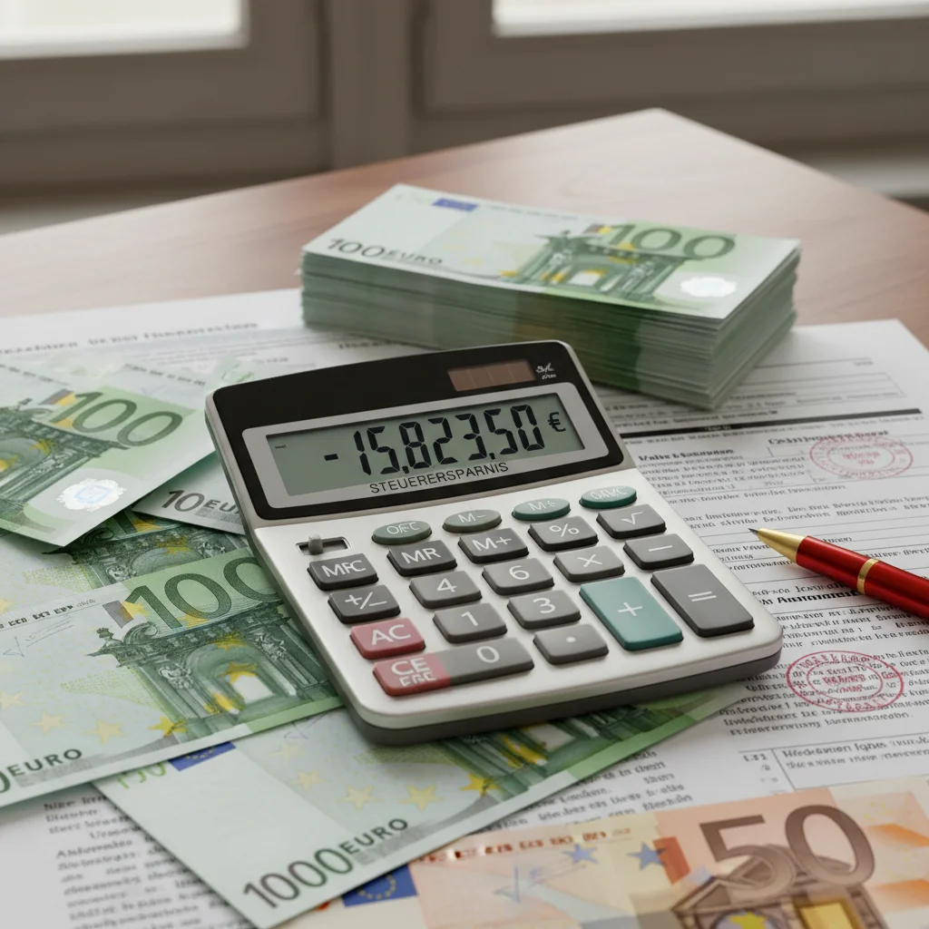 Nahaufnahme eines Taschenrechners mit Steuereinsparung, umgeben von Euro-Banknoten und Steuerdokumenten.