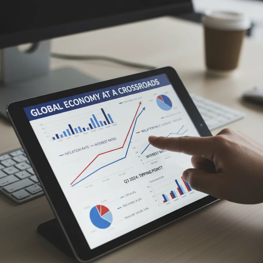 Nahaufnahme von Wirtschaftsdaten und Zinskurven auf einem Tablet, die Inflation und Zinsen zeigen