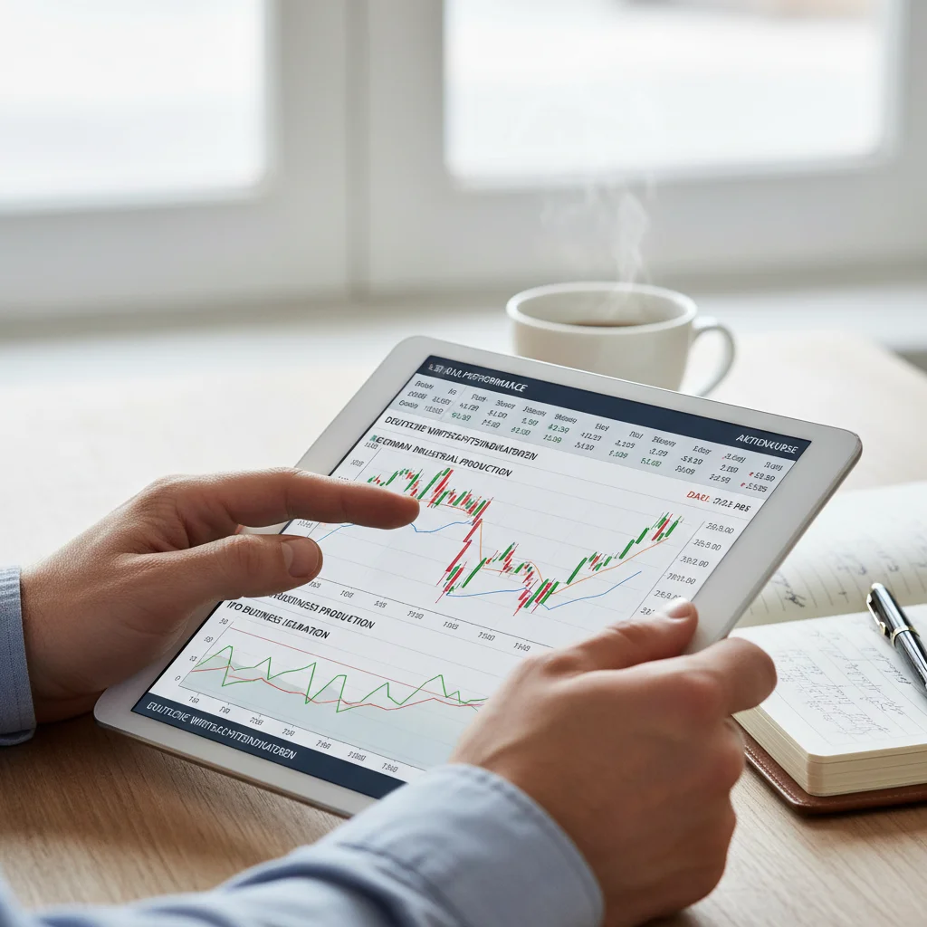 Analystenhand am Tablet: DAX-Daten und Wirtschaftsanalyse