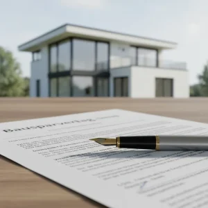 Bausparvertrag 2026: Lohnt sich der Abschluss noch bei 0,5% Guthabenzins? Bausparvertrag Dokument mit Stift und unscharfem Haus im Hintergrund