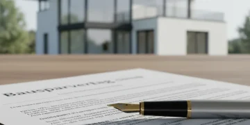 Bausparvertrag Dokument mit Stift und unscharfem Haus im Hintergrund
