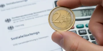Hand hält Euro-Münze vor Dokumenten, symbolisiert Bürgergeld-Erhöhung