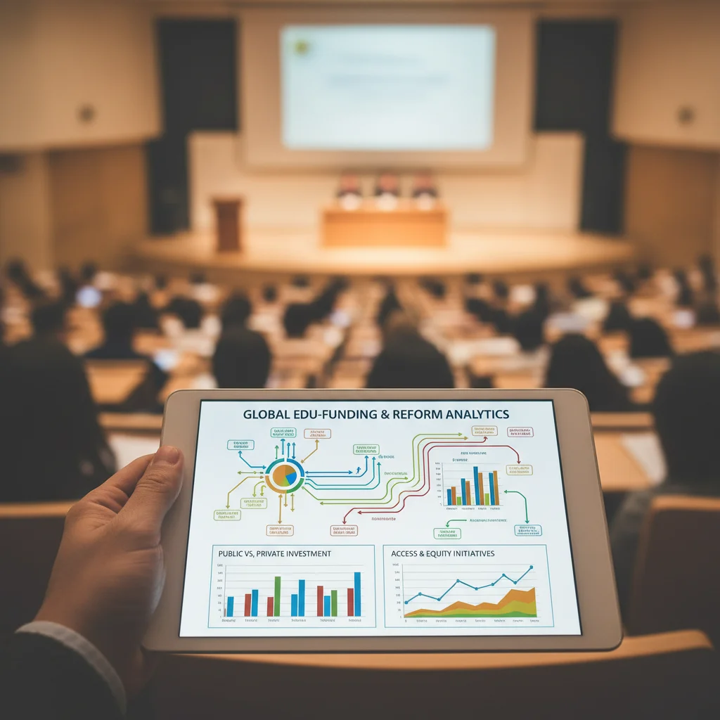 Hand hält Tablet mit Datenvisualisierung zu Bildungsförderungen und Digitalisierung im Studium.