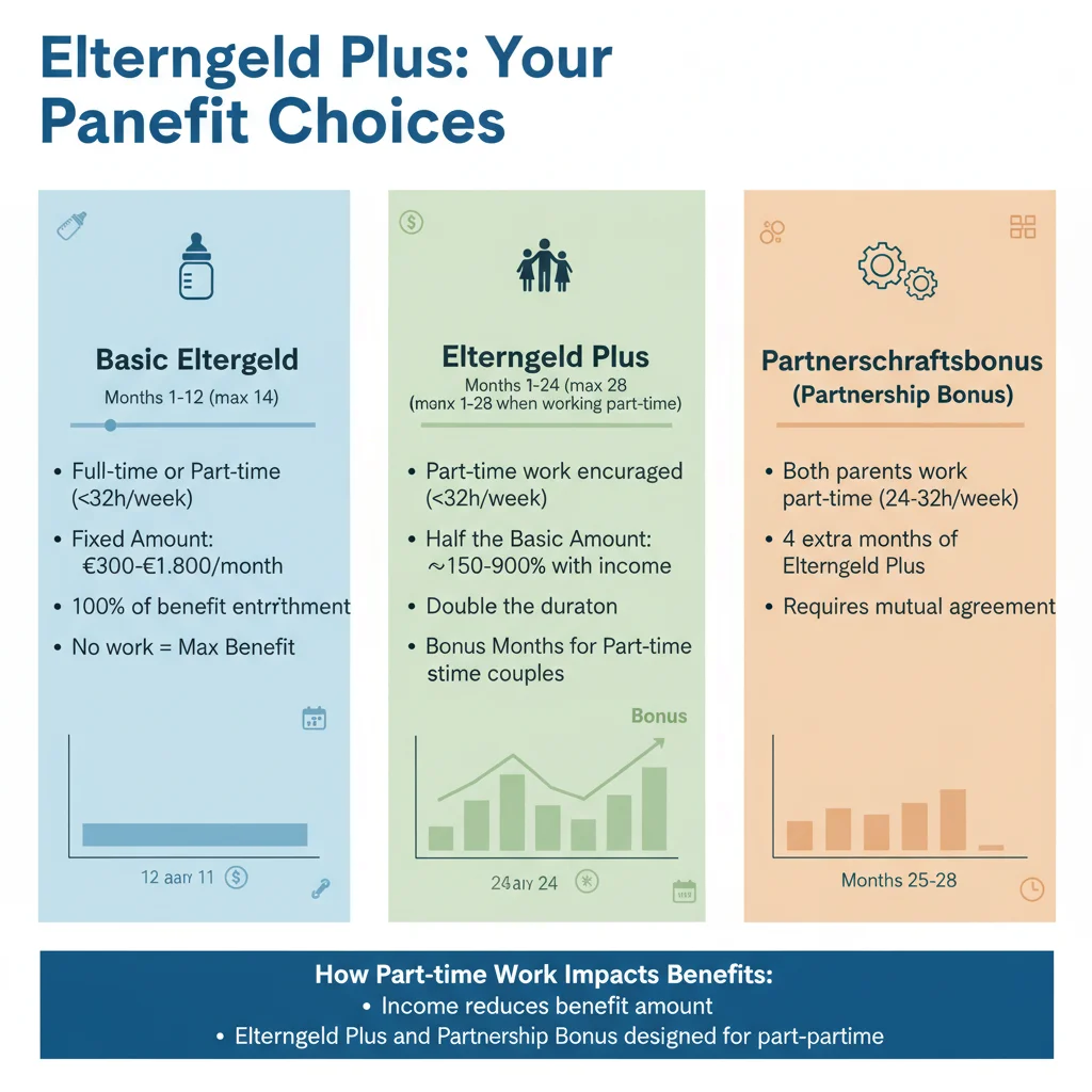 Infografik: Elterngeld Plus Optionen und Zahlungsmodelle für 2026