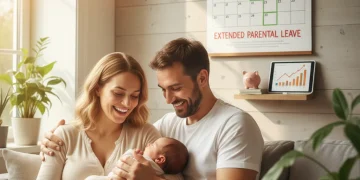 Glückliche Familie mit Baby, die Elterngeld Plus 2026 plant und finanzielle Sicherheit genießt.