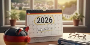 Finanzplanung für die Altersvorsorge in Deutschland 2026 mit Sparschwein und Kalender
