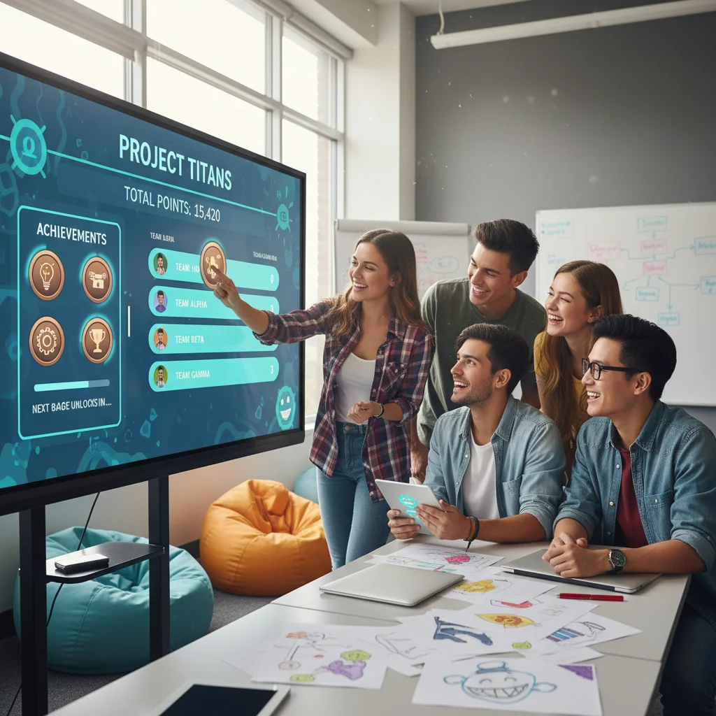 Schüler arbeiten spielerisch an einem Gamification-Projekt zusammen