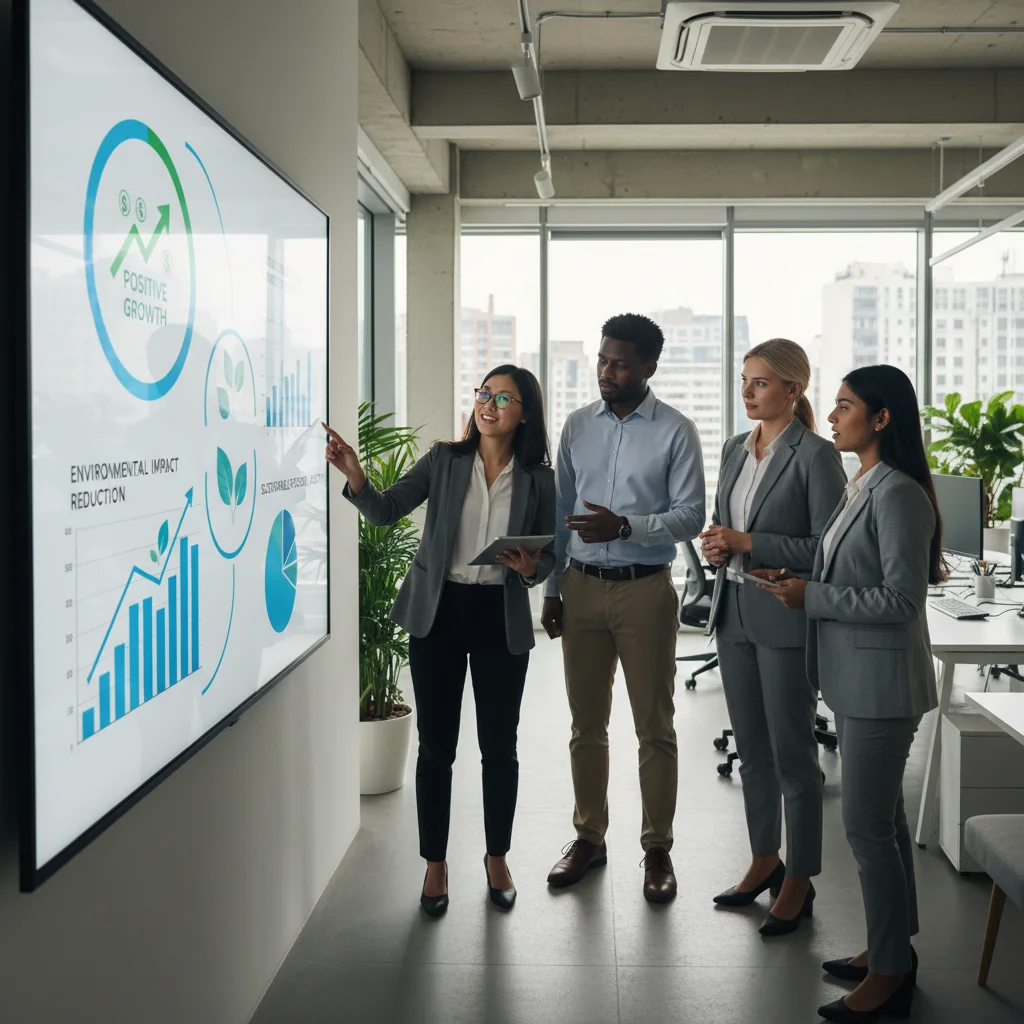 Profis analysieren nachhaltige Investmentstrategien und ESG-Daten auf einem Bildschirm in einem modernen Büro.