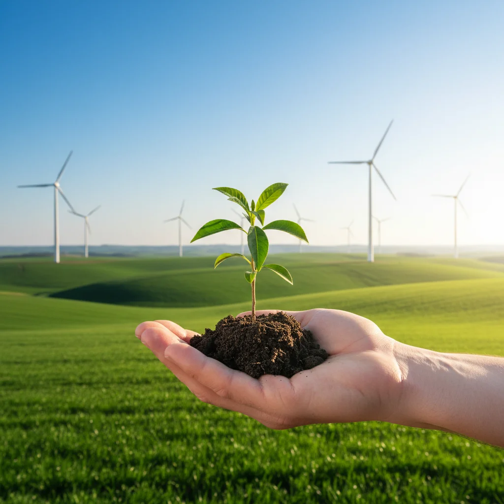 Hand hält jungen Baum, im Hintergrund grüne Felder und Windräder, symbolisiert nachhaltiges Wachstum und erneuerbare Energien.
