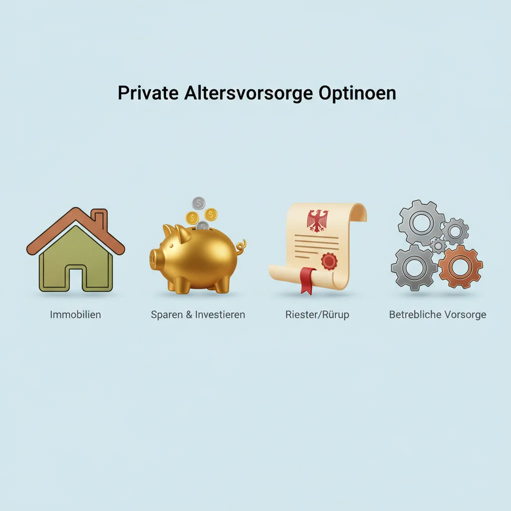 Vier Icons, die private Altersvorsorgeoptionen symbolisieren: Immobilien, Sparen, Riester/Rürup, bAV