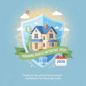 Haus mit Schutzschild symbolisiert den Wohnkostenzuschuss 2026 und finanzielle Sicherheit