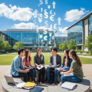 Glückliche Studierende auf einem Campus, symbolisch für mehr BAföG-Förderung