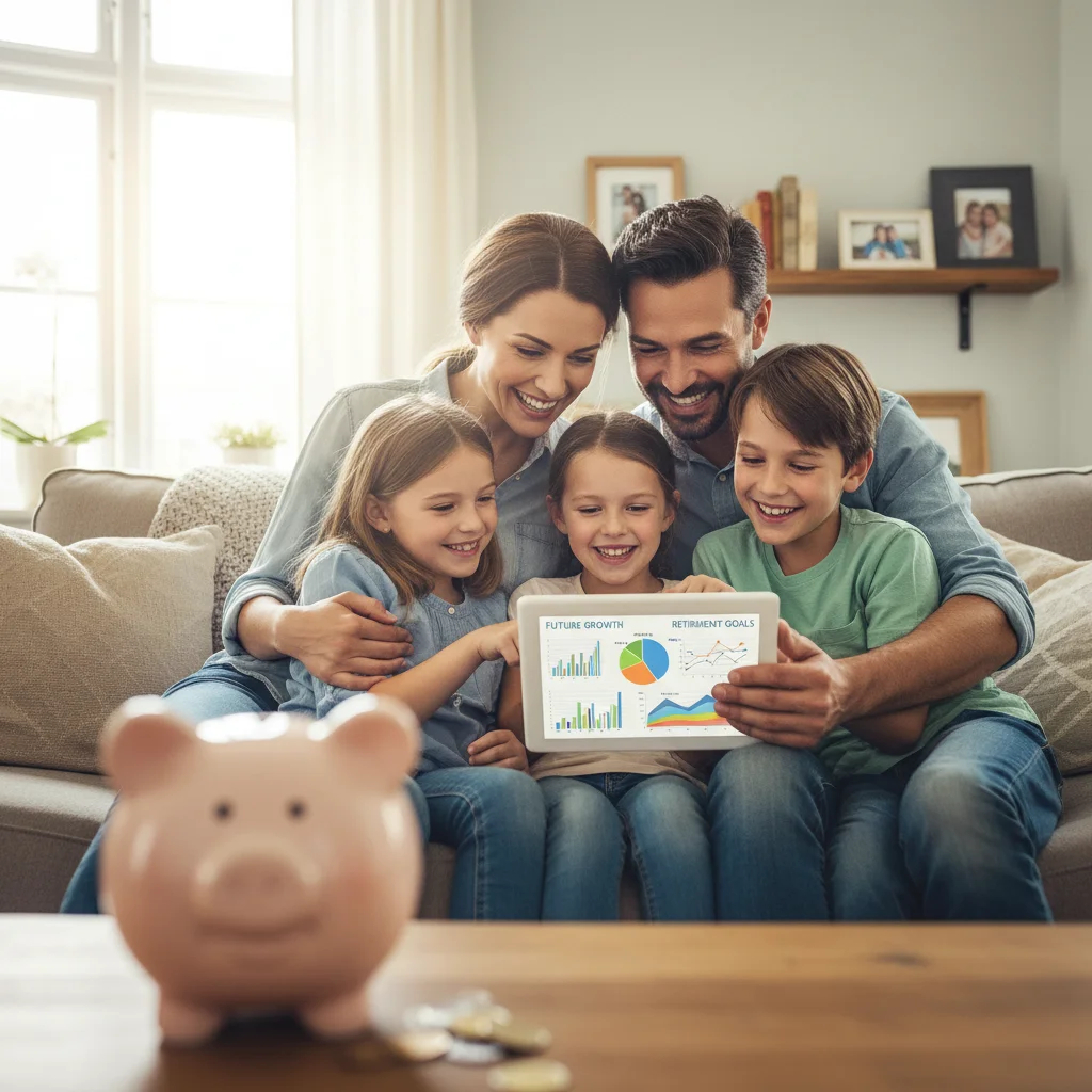 Glückliche Familie plant Altersvorsorge mit Riester-Rente, symbolisiert finanzielle Sicherheit.