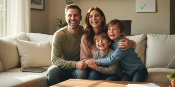 Glückliche Familie in ihrer Wohnung, symbolisiert finanzielle Entlastung durch Wohngeld 2026