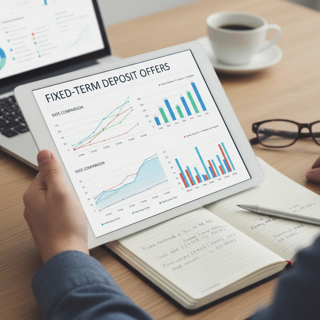Person vergleicht Festgeldzinsen auf einem Tablet mit Finanzcharts.