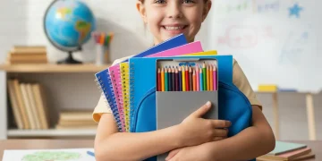 Kind mit neuen Schulmaterialien und Rucksack lächelt