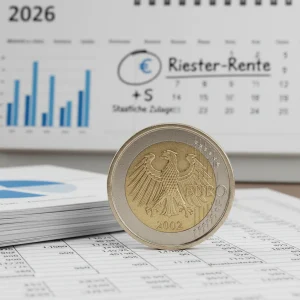 Euro-Münze auf Finanzdokumenten mit Kalender 2026, symbolisiert Riester-Rente und staatliche Förderung.
