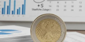 Euro-Münze auf Finanzdokumenten mit Kalender 2026, symbolisiert Riester-Rente und staatliche Förderung.