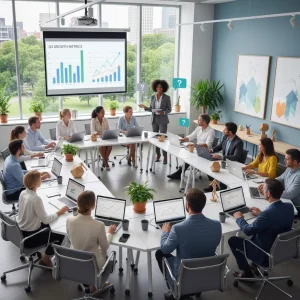 Gruppe von Fachkräften bei einer Weiterbildung mit Laptops und Präsentation