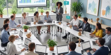 Gruppe von Fachkräften bei einer Weiterbildung mit Laptops und Präsentation